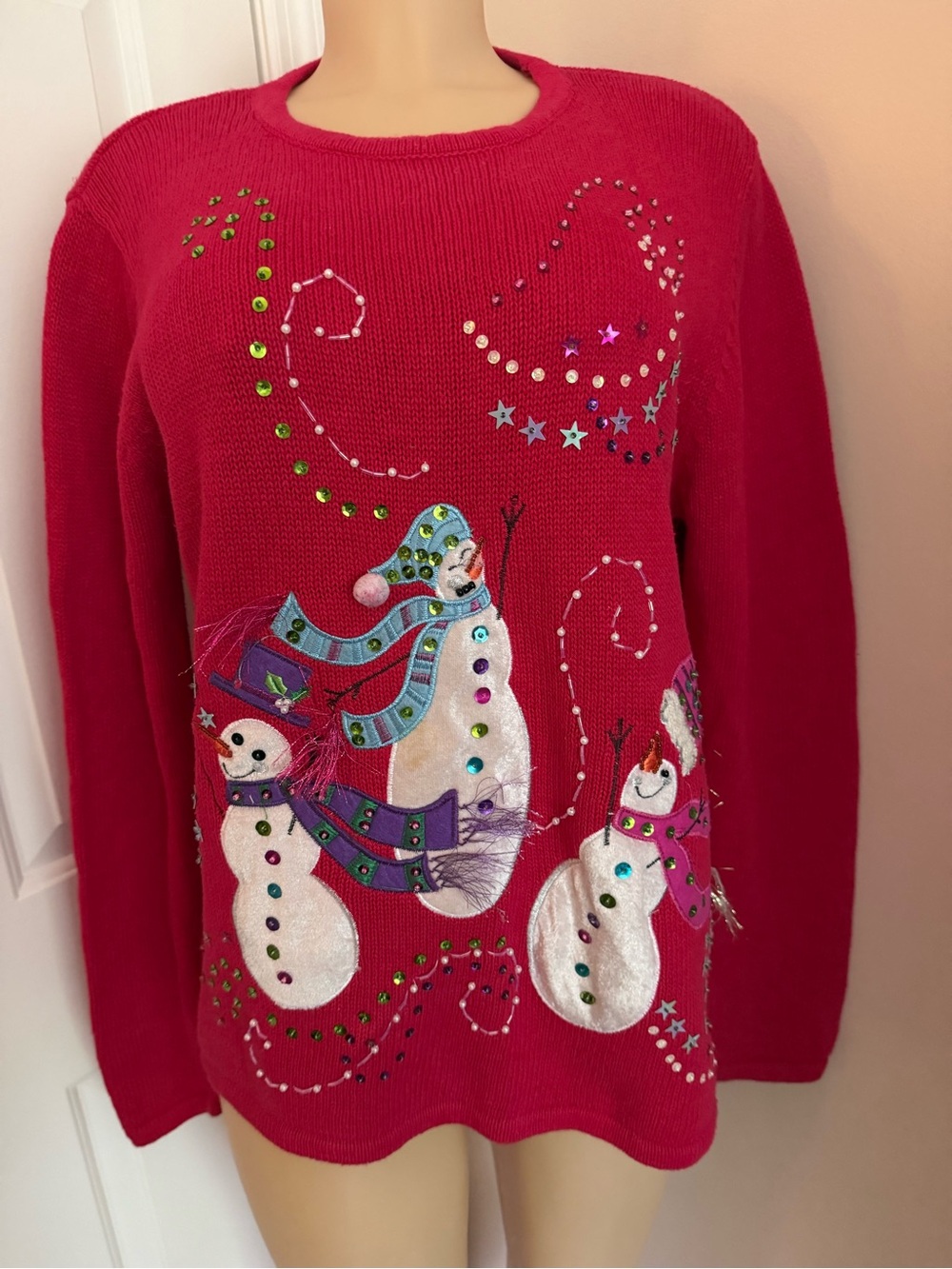 Kim Rogers Red Embellished Snowman Crewneck Sweater